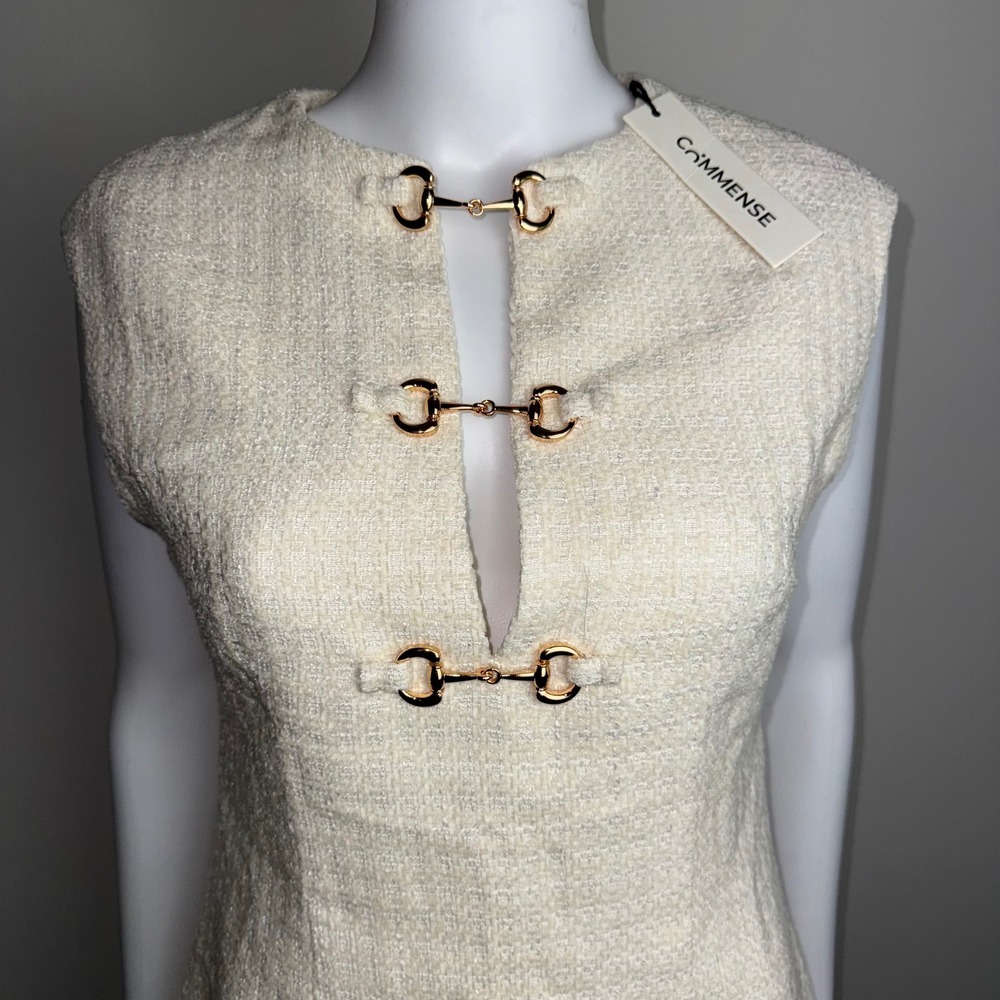 Commense Tweed Mini Dress Sleeveless Gold Buckle Detail Ivory Party Cocktail M - Picture 13 of 17